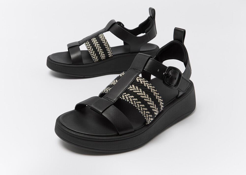 F-MODE V-WEAVE/LEATHER FISHERMAN SANDALS -BLACK MIX (E4V-231)