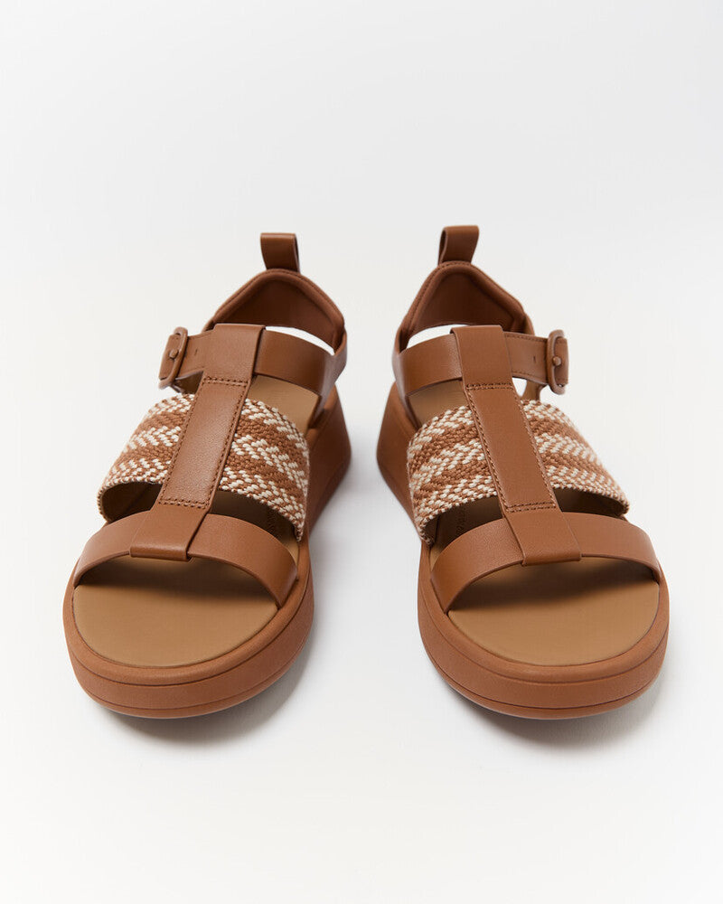 F-MODE V-WEAVE/LEATHER FISHERMAN SANDALS - DEEP TAN/PARIS BEIGE (E4V-D18)