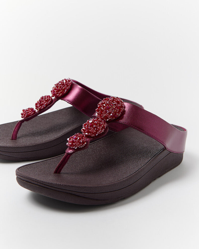 FINO BEADIE-BUTTON METALLIC TOE-POST SANDALS - METALLIC RUBY