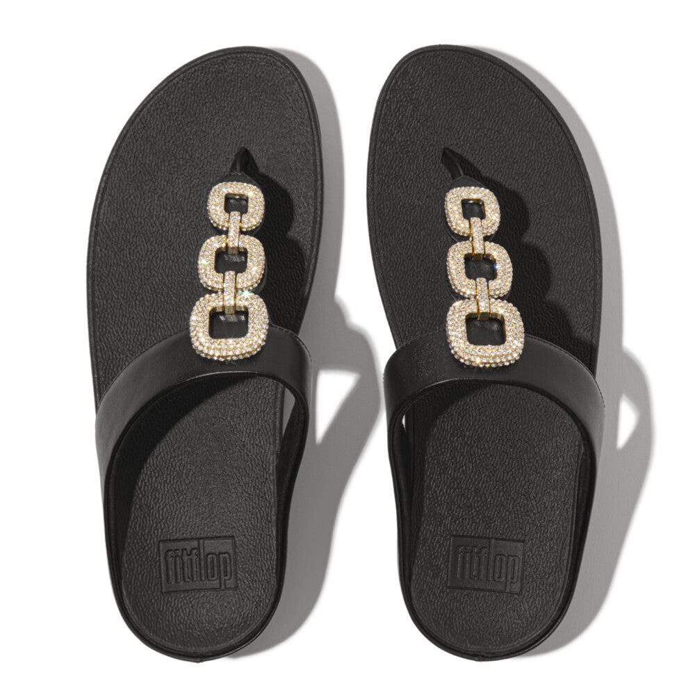 FINO CRYSTAL-CHAIN LEATHER TOE-POST SANDALS - BLACK(HX2-001)