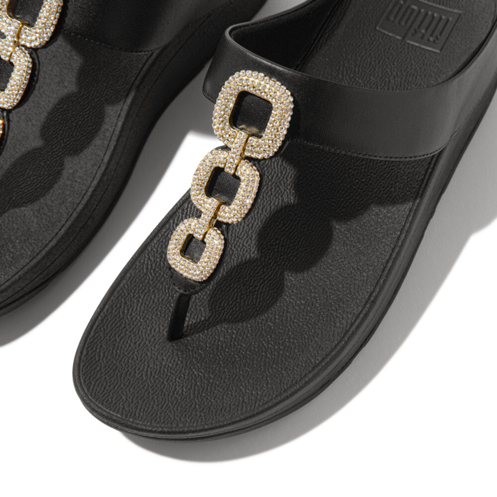 FINO CRYSTAL-CHAIN LEATHER TOE-POST SANDALS - BLACK(HX2-001)