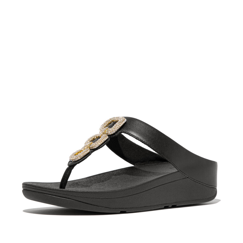 FINO CRYSTAL-CHAIN LEATHER TOE-POST SANDALS - BLACK(HX2-001)