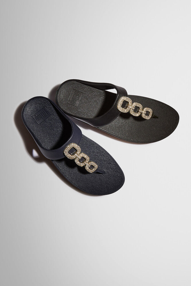 FINO CRYSTAL-CHAIN LEATHER TOE-POST SANDALS - BLACK(HX2-001)