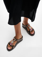 FINO CRYSTAL-JEWEL H-BAR SLIDES - METALLIC CHOCOLATE BROWN