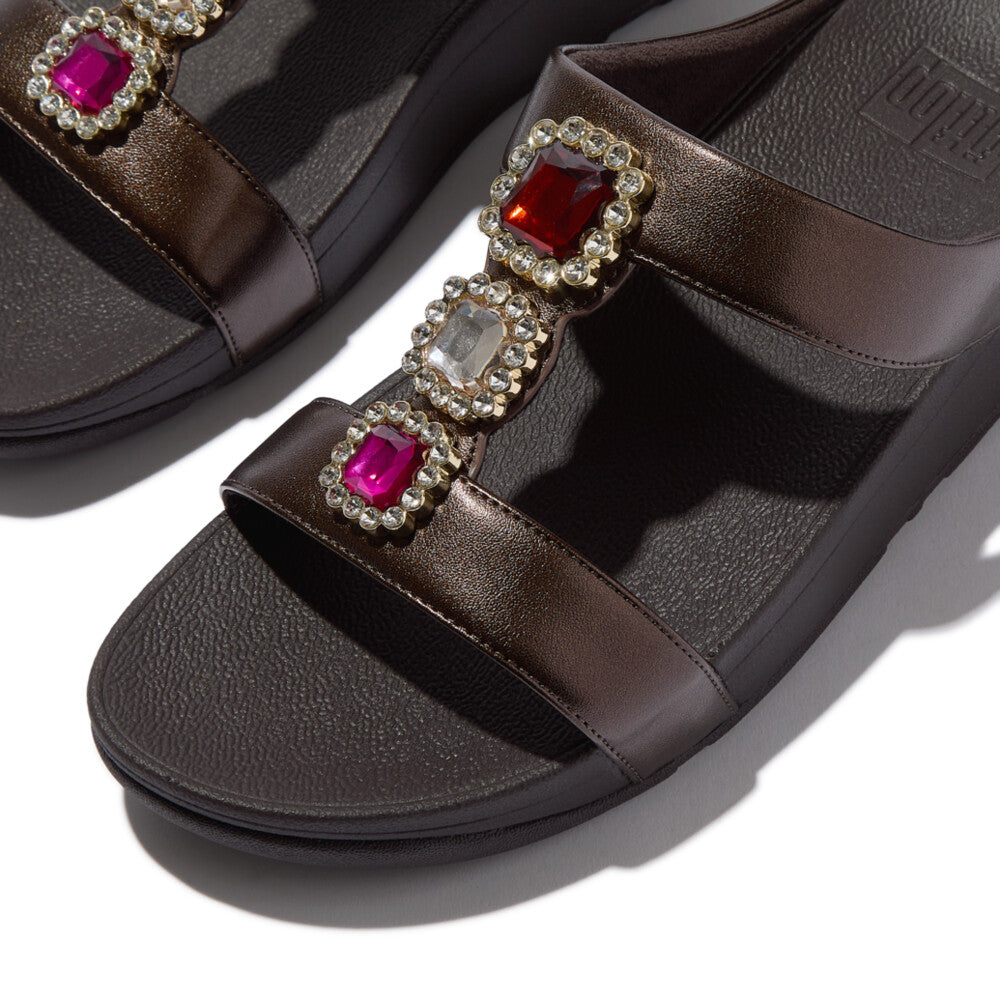FINO CRYSTAL-JEWEL H-BAR SLIDES - METALLIC CHOCOLATE BROWN