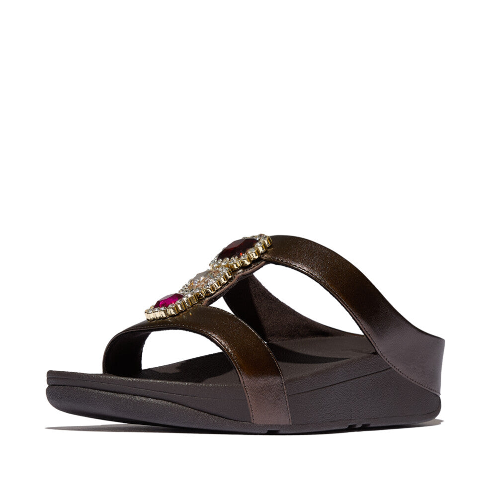 FINO CRYSTAL-JEWEL H-BAR SLIDES - METALLIC CHOCOLATE BROWN