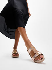 FINO RESIN-HOOP LEATHER H-BAR SLIDES - METALLIC CLASSIC BEIGE