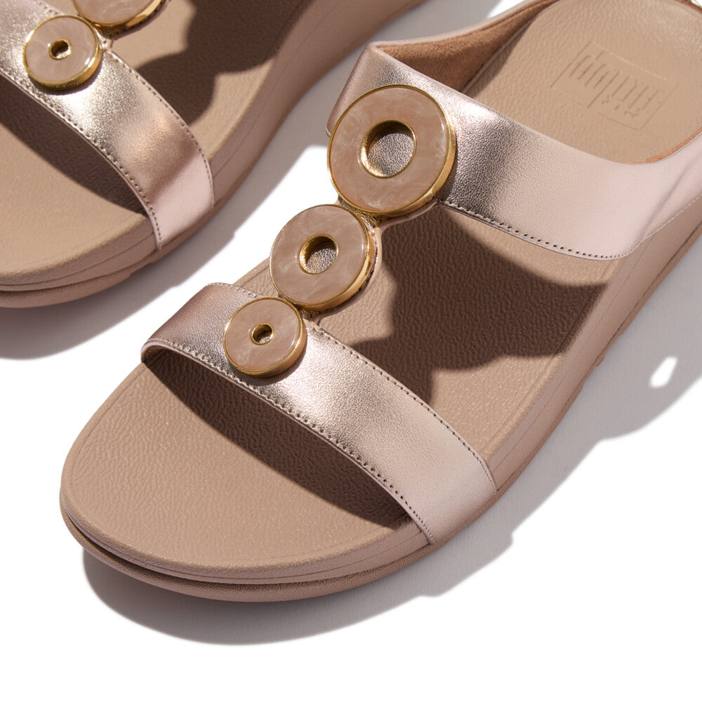 FINO RESIN-HOOP LEATHER H-BAR SLIDES - METALLIC CLASSIC BEIGE
