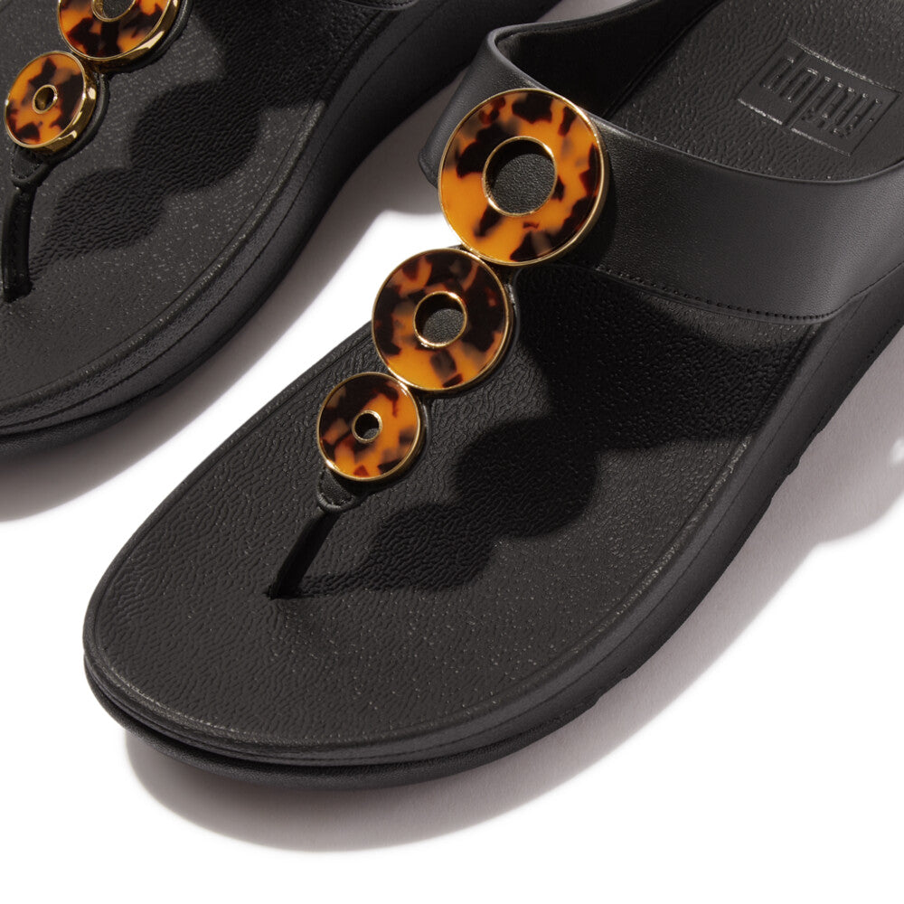 FINO RESIN-HOOP LEATHER TOE-POST SANDALS - ALL BLACK