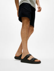 GOGH MOC MENS BUCKLE EMBOSSED-LEATHER SLIDES - ALL BLACK