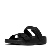 GOGH MOC MENS BUCKLE EMBOSSED-LEATHER SLIDES - ALL BLACK
