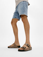 GOGH MOC MENS BUCKLE EMBOSSED-LEATHER SLIDES - TAUPE