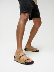 GOGH MOC MENS ADJUSTABLE LEATHER SLIDES - CAMEL