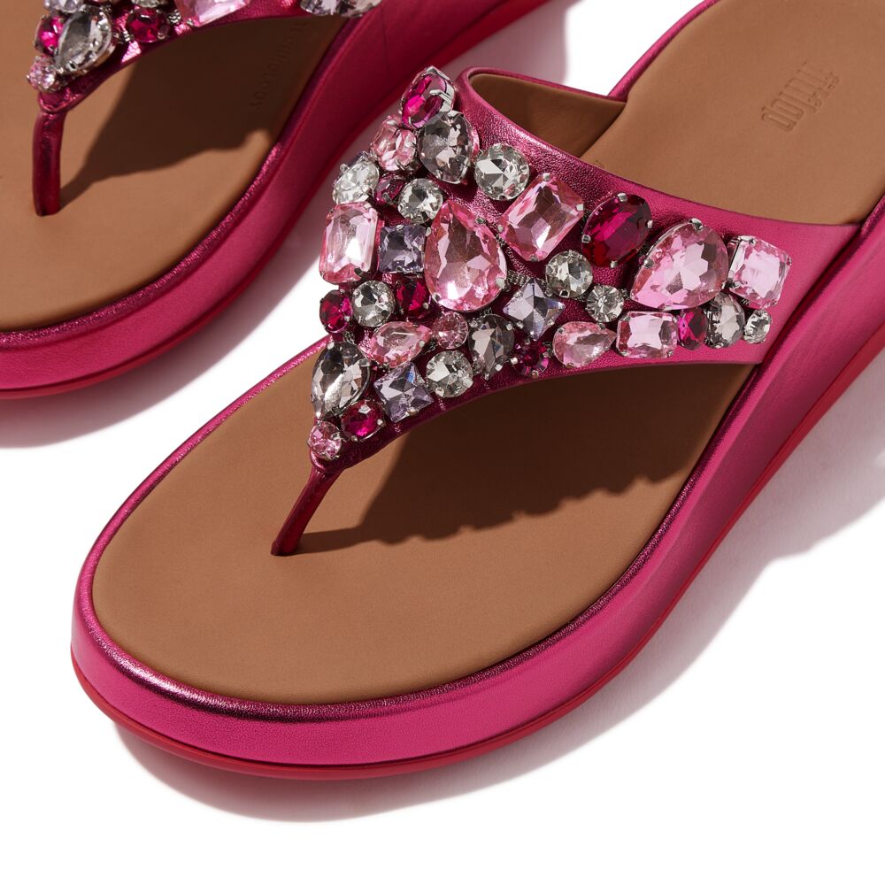 F-MODE JEWEL-DELUXE M/LEATHER FLATFORM TOE-THONGS