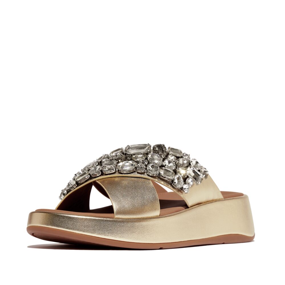 F-MODE JEWEL-DELUXE LEATHER FLATFORM CROSS SLIDES