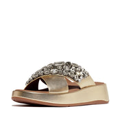 F-MODE JEWEL-DELUXE LEATHER FLATFORM CROSS SLIDES