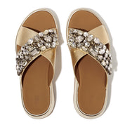 F-MODE JEWEL-DELUXE LEATHER FLATFORM CROSS SLIDES