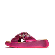 F-MODE JEWEL-DELUXE LEATHER FLATFORM CROSS SLIDES