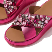 F-MODE JEWEL-DELUXE LEATHER FLATFORM CROSS SLIDES