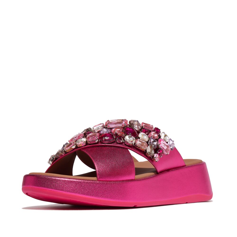 F-MODE JEWEL-DELUXE LEATHER FLATFORM CROSS SLIDES