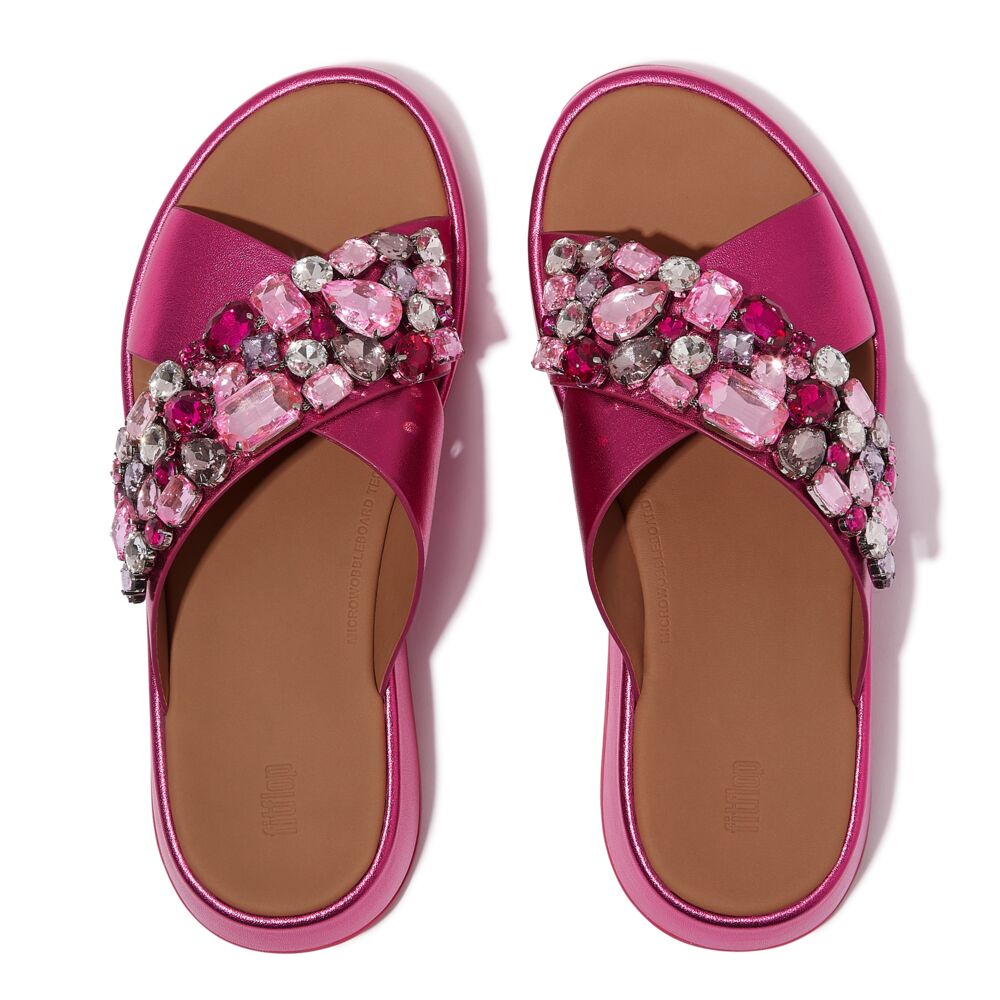 F-MODE JEWEL-DELUXE LEATHER FLATFORM CROSS SLIDES