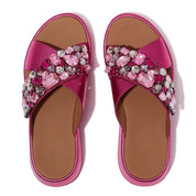F-MODE JEWEL-DELUXE LEATHER FLATFORM CROSS SLIDES