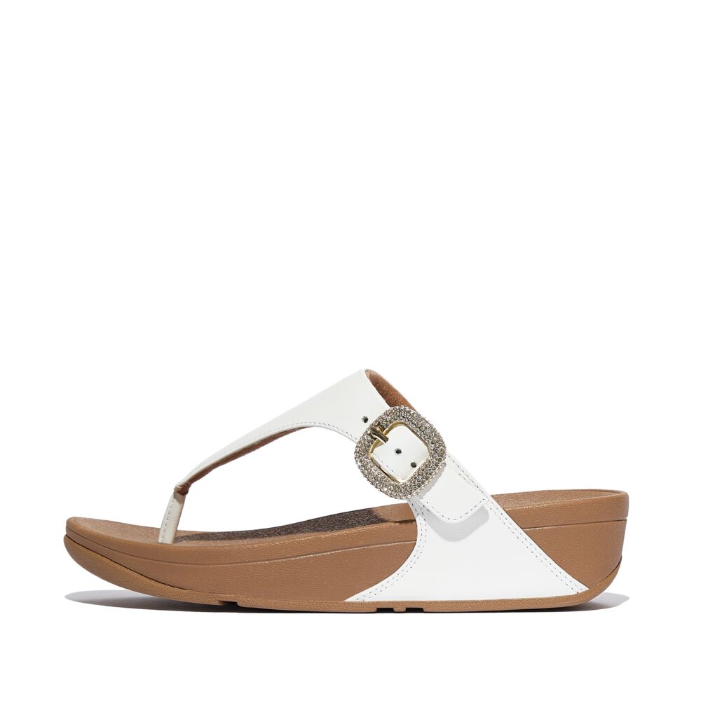 LULU CRYSTAL-BUCKLE LEATHER TOE-POST SANDALS