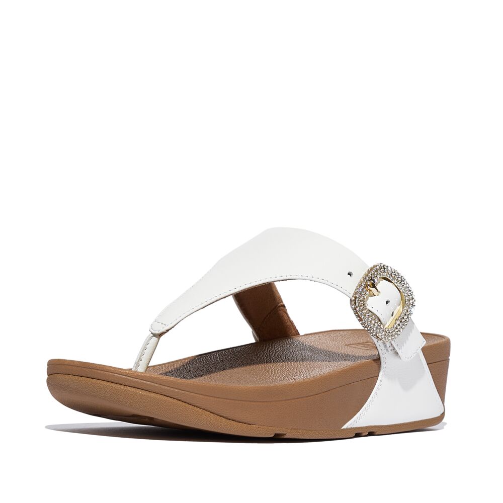 LULU CRYSTAL-BUCKLE LEATHER TOE-POST SANDALS