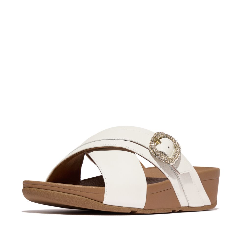 LULU CRYSTAL-BUCKLE LEATHER CROSS SLIDES