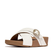 LULU CRYSTAL-BUCKLE LEATHER CROSS SLIDES