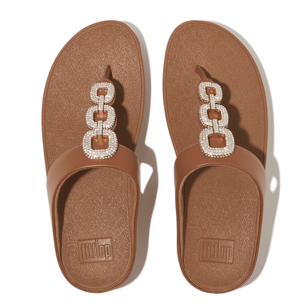 FINO CRYSTAL-CHAIN LEATHER TOE-POST SANDALS