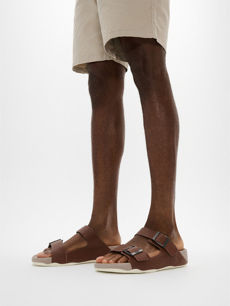 GOGH MOC MENS BUCKLE TUMBLED-LEATHER SLIDES