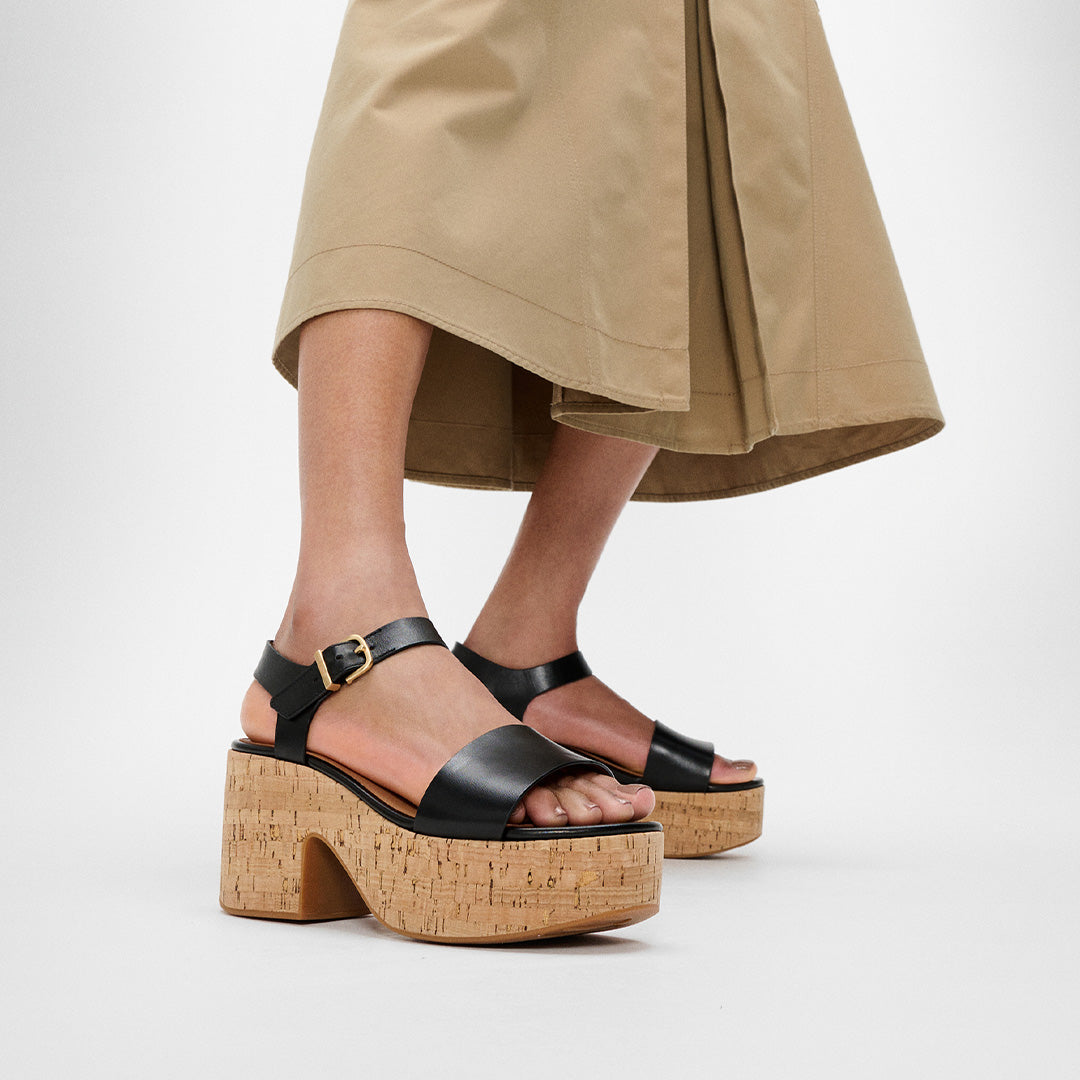 PLATFFORMS LEATHER/CORK HEELED ANKLE-STRAP SANDALS