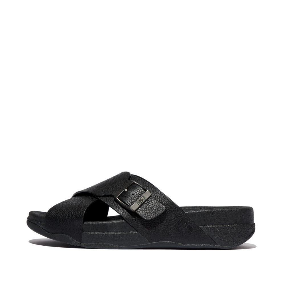 SURFER MENS BUCKLE TUMBLED-LEATHER CROSS SLIDES