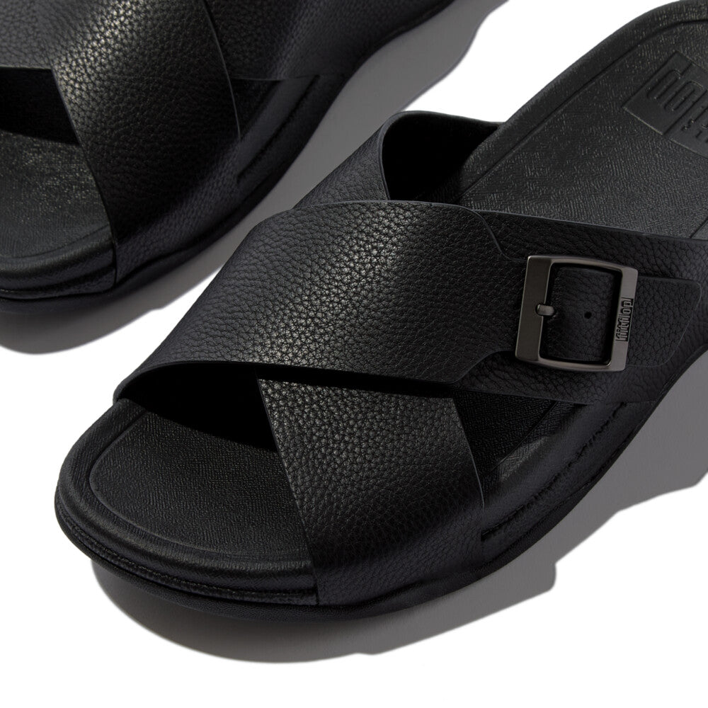 SURFER MENS BUCKLE TUMBLED-LEATHER CROSS SLIDES
