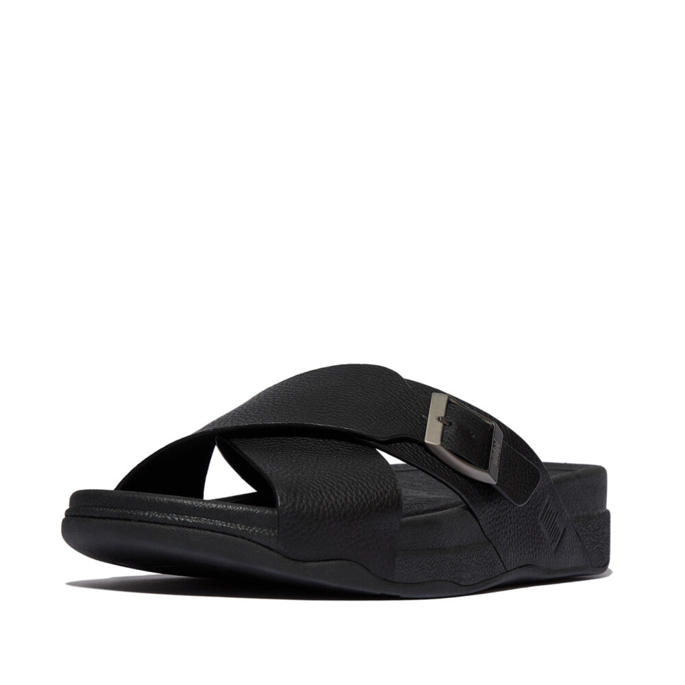SURFER MENS BUCKLE TUMBLED-LEATHER CROSS SLIDES