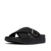 SURFER MENS BUCKLE TUMBLED-LEATHER CROSS SLIDES
