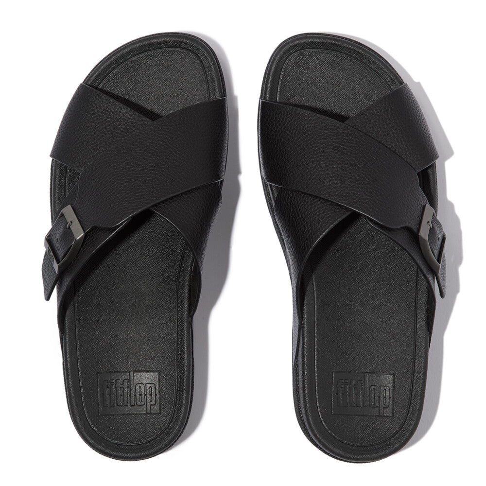 SURFER MENS BUCKLE TUMBLED-LEATHER CROSS SLIDES