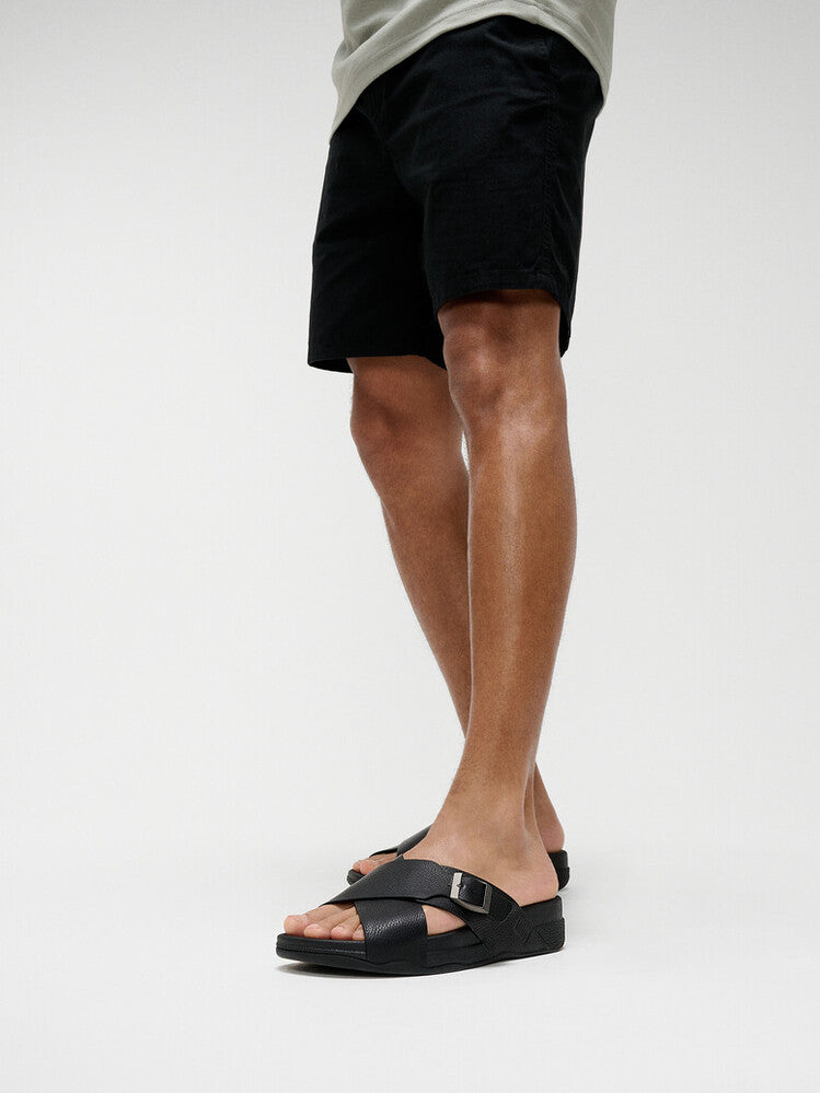 SURFER MENS BUCKLE TUMBLED-LEATHER CROSS SLIDES