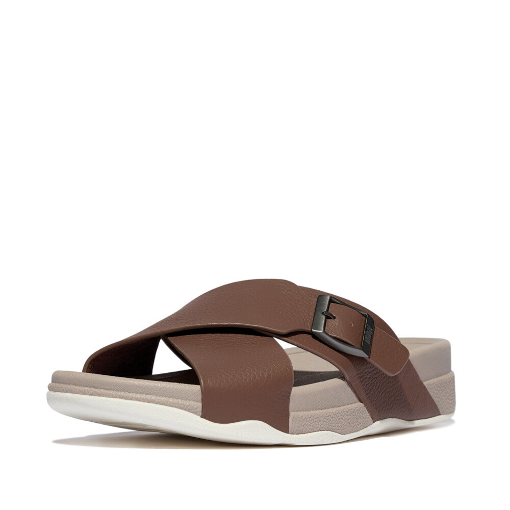 SURFER MENS BUCKLE TUMBLED-LEATHER CROSS SLIDES