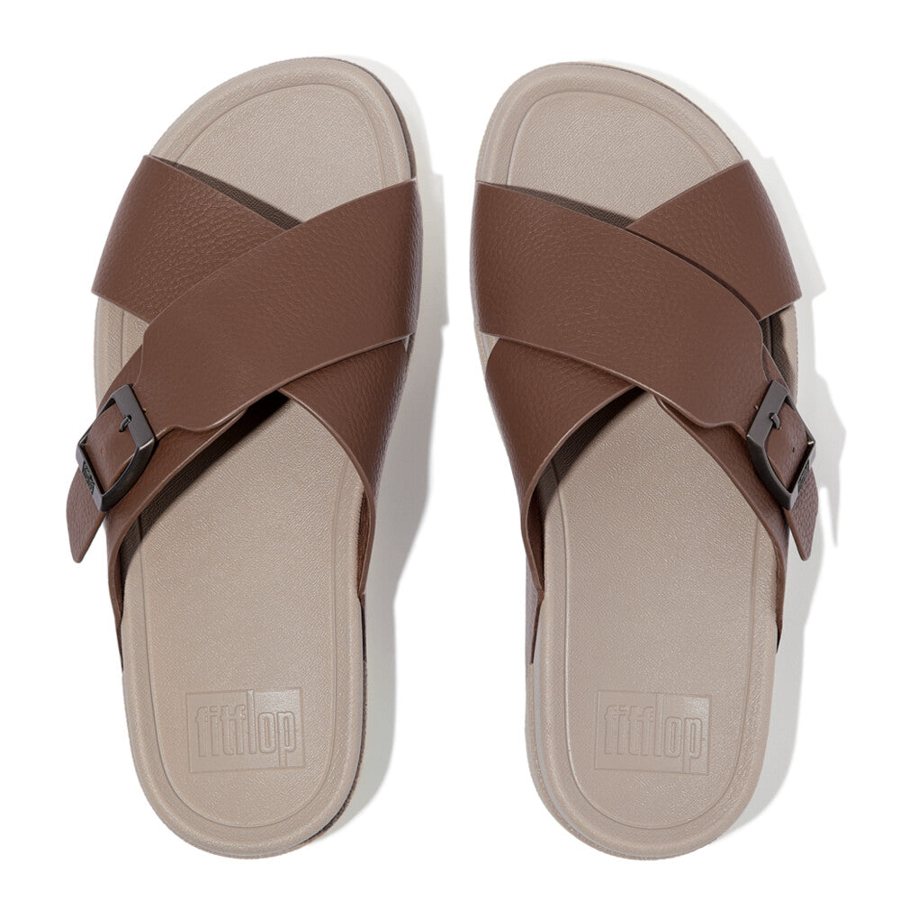 SURFER MENS BUCKLE TUMBLED-LEATHER CROSS SLIDES