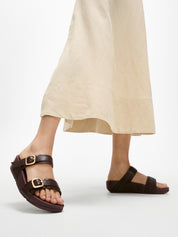 LULU ADJUSTABLE-BUCKLE LEATHER SLIDES - CHOCOLAT(ES7-D07)