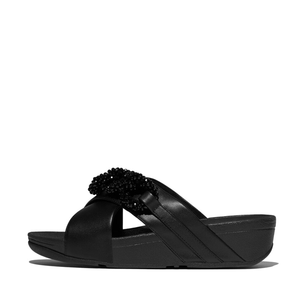 LULU BEADED-CHAIN LEATHER CROSS SLIDES