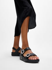 LULU CRYSTAL-BUCKLE LEATHER BACK-STRAP SANDALS- ALL BLACK