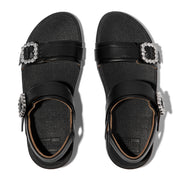 LULU CRYSTAL-BUCKLE LEATHER BACK-STRAP SANDALS- ALL BLACK