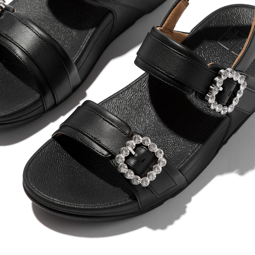 LULU CRYSTAL-BUCKLE LEATHER BACK-STRAP SANDALS- ALL BLACK