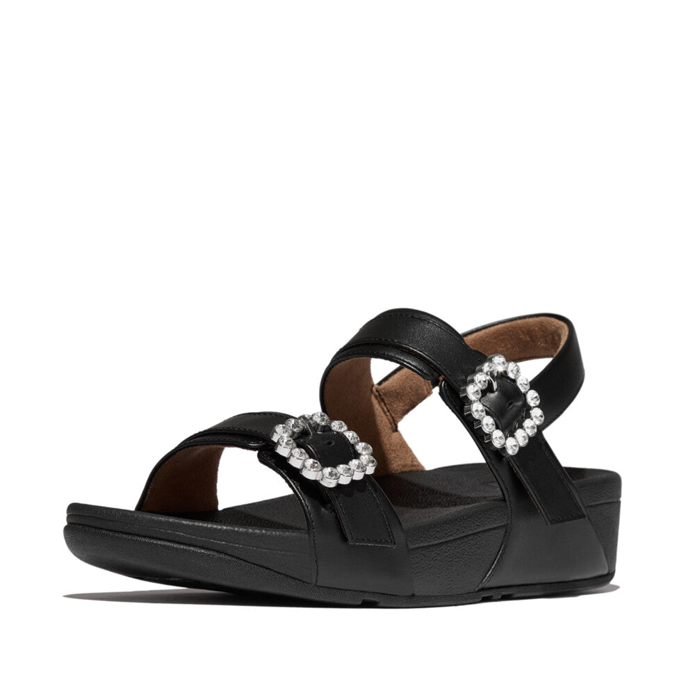 LULU CRYSTAL-BUCKLE LEATHER BACK-STRAP SANDALS- ALL BLACK