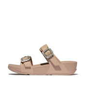 LULU CRYSTAL-BUCKLE LEATHER SLIDES- CLASSIC BEIGE