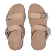 LULU CRYSTAL-BUCKLE LEATHER SLIDES- CLASSIC BEIGE