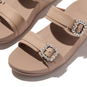 LULU CRYSTAL-BUCKLE LEATHER SLIDES- CLASSIC BEIGE